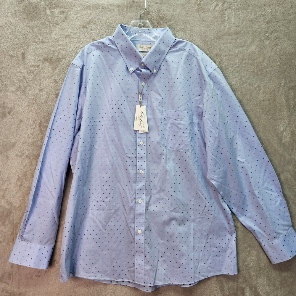 Roundtree Yorke Gold Label Mens XXL Slim Fit Light Blue Dot Non Iron Dress Shirt